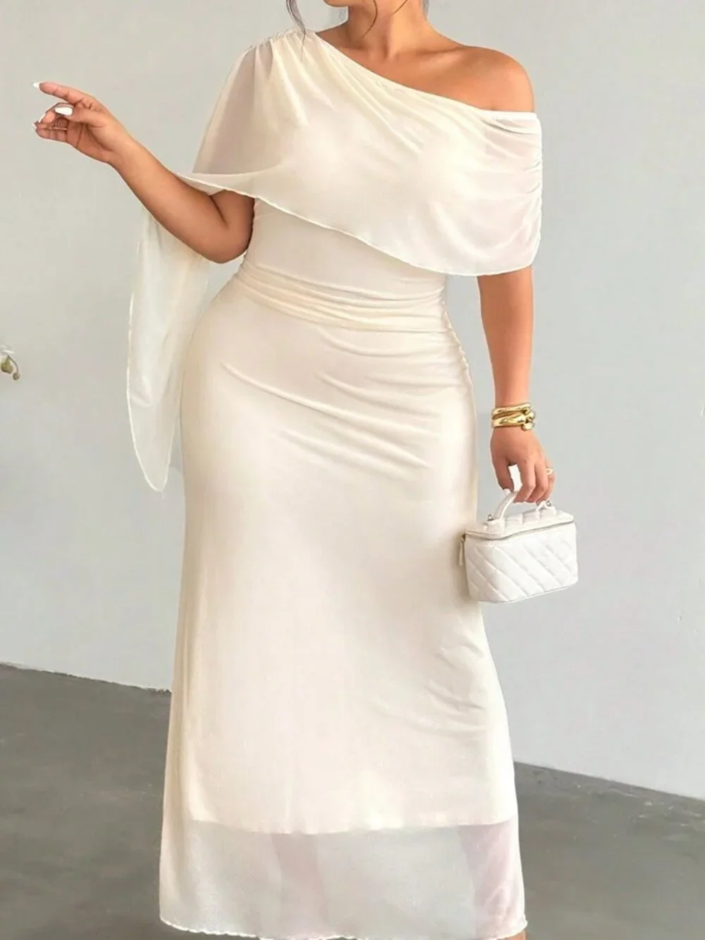 Apricot Elegant Women's Ruched Asymmetrical One Shoulder Long Pencil Dress